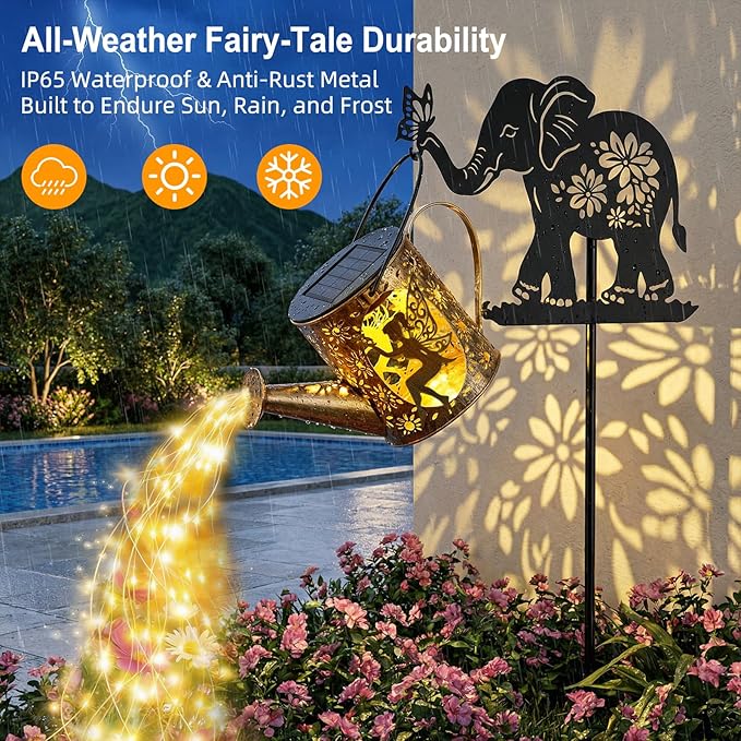 Solar Watering_Can Lights Outdoor Decor with Elephant Stake & Fairy Silhouettes, Cascading String Lights for Garden, Patio, Yard - Waterproof Solar Powered Gift for Mom, Housewarming, Birthday