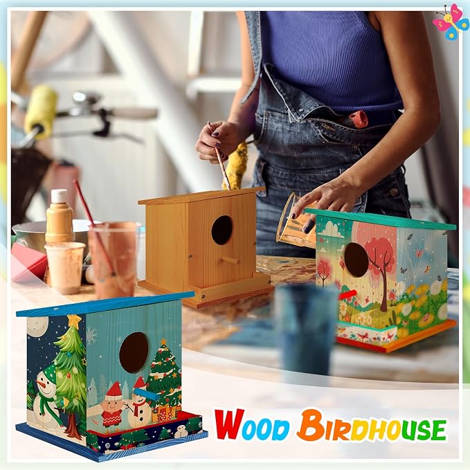 Liliful 4 Pack Birdhouse Crafts for Kids, Wooden Creative DIY Bird House Kits Arts and Crafts Set for Kids and Adults, Spring Birthday Gifts for Toddlers Ages (Single Style)