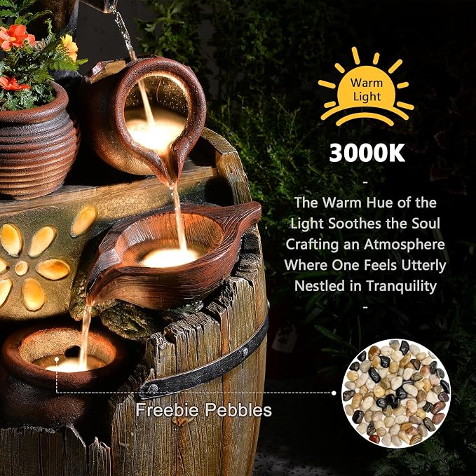 Solar Outdoor Water Fountain with Pump, 29 Inch High Rustic Barrel Cascading Waterfall Fountain, 3-Tier Garden Water Feature for Patio, Backyard, Yard & Outdoor Decor