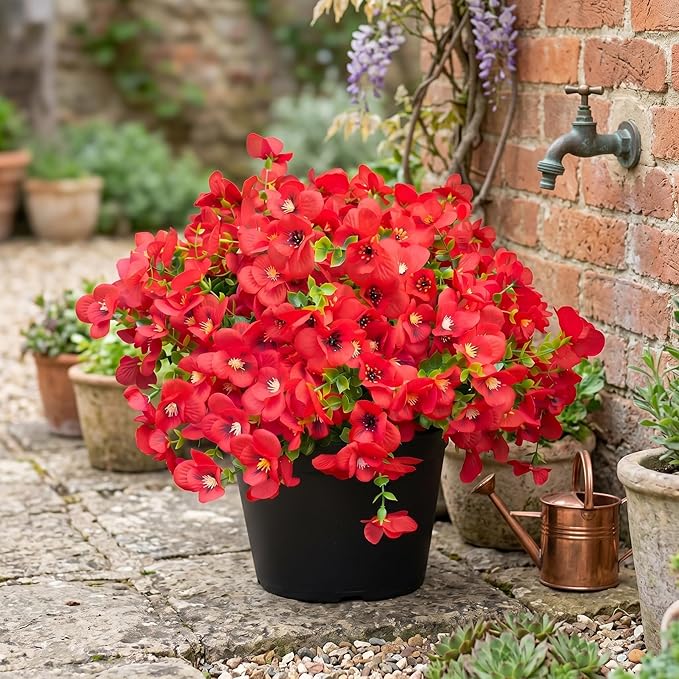Artificial Flowers for Outdoor, UV Resistant Fake Silk Pansies Flowers, Realistic Faux Plants for Outside Indoor Porch Patio Window Box Planter Home Decor (16, Red)