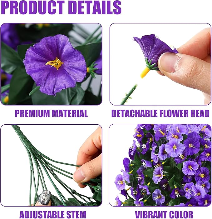 Sggvecsy Artificial Fake Hanging Flowers Plants Outdoor Outside Spring Summer Decoration 4PCS Faux Silk UV Resistant Morning Glory Trailing Vines for Home Porch Patio Balcony(Purple & Light Purple)