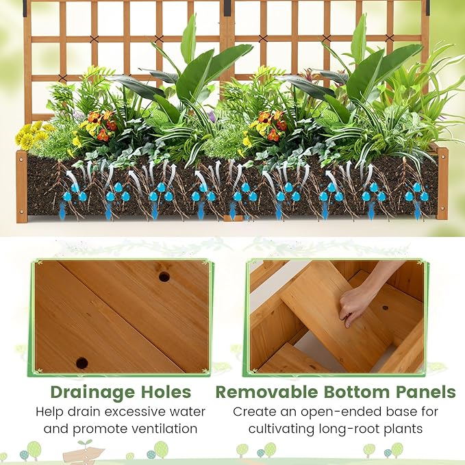 COSTWAY 71” Large Wooden Raised Garden Bed with Trellis and Hanging Roof, 2 Planter Boxes, 4 Drainage Holes, Removable Bottom Plate for Climbing Plants, Flowers, Outdoor Balcony Planter