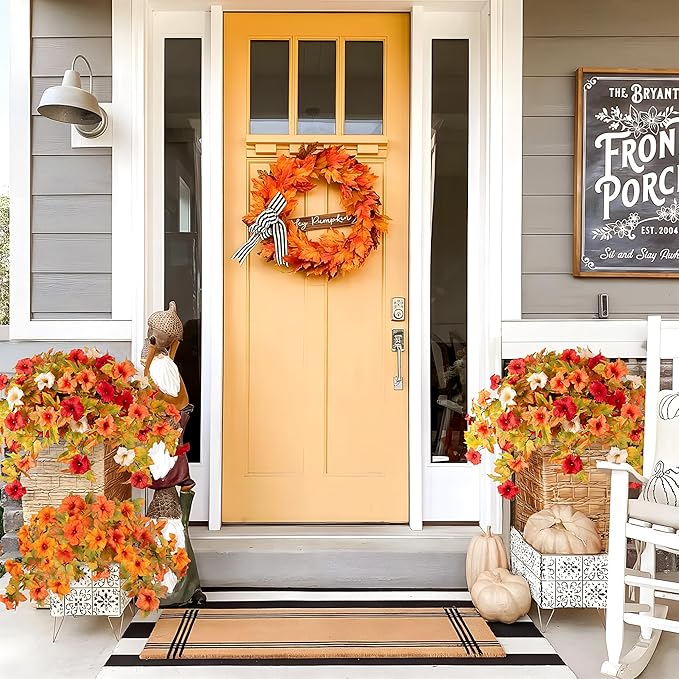 Ammyoo Artificial Fall Flowers Fake Petunias Plants for Outdoor Decoration, 2 Pcs Silk Faux Flowers UV Resistant No Fade Plants for Garden Balcony Yard Porch Realistic Indoor Decor (Orange White)