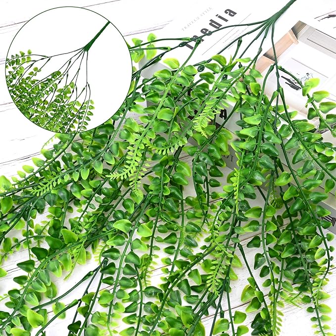 Waipfaru 8Pcs Fake Ferns Fake Hanging Plants Artificial Ferns for Outdoors，UV Resistant Plastic Fake Plants for Indoor Wall Porch Wedding Party Holiday Decor