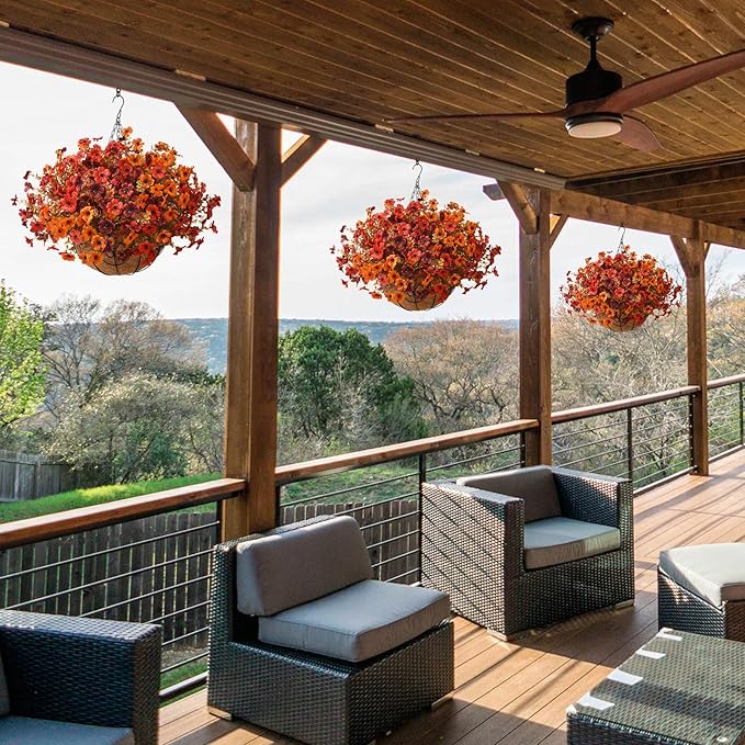 Artificial Fake Fall Hanging Plants Flowers Basket, Faux Silk Daisy in Planter Realistic UV Resistant for Outside Home Patio Balcony Yard Autumn Outdoor Decoration (Orange Brown Red)