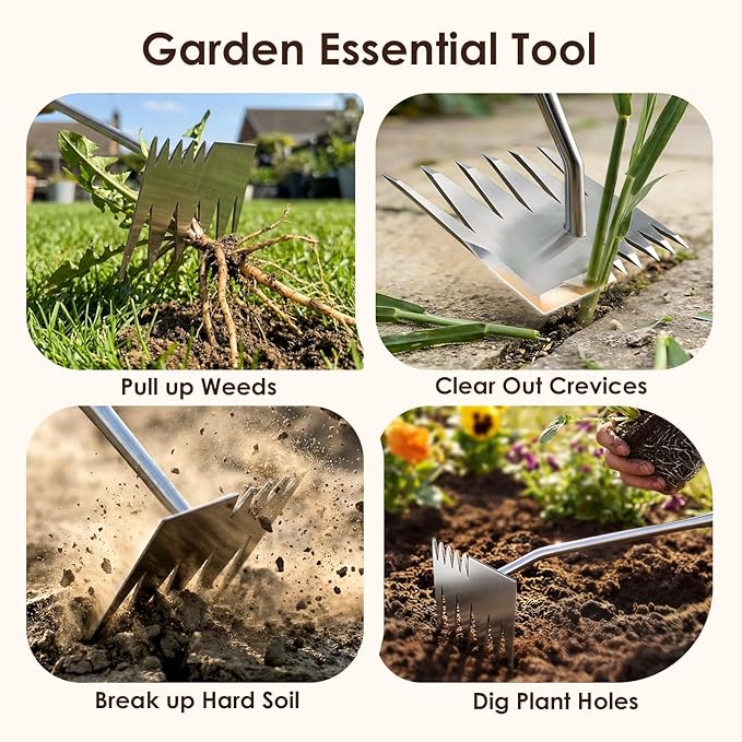 Weed Puller Tool, 2026 Upgraded Portable Manual Weeding Tools Gardening, 6 Teeth Dual Head Stainless Steel Hand Garden Weeding Rake, Weed Remover Tool for Gardening Backyard Yard Farm Planting Weeding