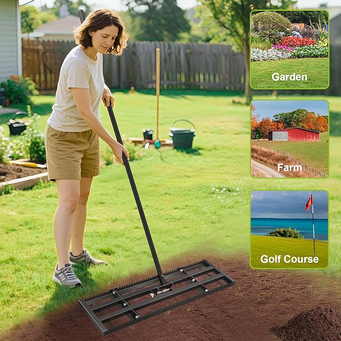 Lawn Leveling Rake-17''x10 Heavy Duty Leveler Reinforced Landscape Tool, Steel Lawn Rake with Serrated Edge & Smooth Plate for Level Soil Compost Sand Grass Dirt Yard Garden 6.5FT Adjustable Handle