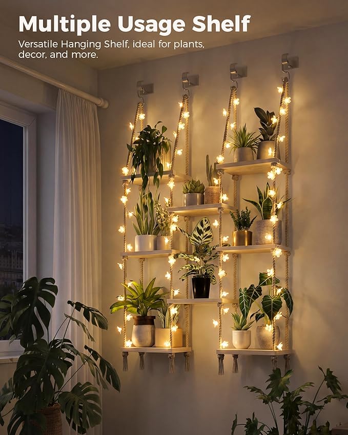 Bamworld Hanging Shelves 8Tiers with Light Plant Hanger Indoor Window Plant Shelves Wood Plant Wall Shelf Window Sill Plant Shelf Indoor Hanging Plant Stand Living Room Decor Garden Boho Decor