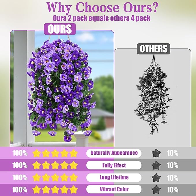 Sggvecsy Artificial Fake Hanging Flowers Plants Outdoor Outside Spring Summer Decoration 2PCS Faux Silk UV Resistant Morning Glory Trailing Vines for Home Porch Patio Balcony(Purple & Light Purple)
