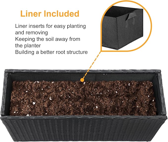 SUNNYPARK Black Rectangular Planter Box All-Weather PE Rattan Large Modern Planters with Removable Liner Indoor Outdoor Decorative Flower Pot for Patio, Balcony, Garden
