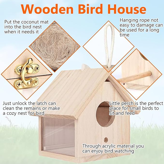 Tfwadmx 2PCS Wooden Bird House Transparent Outdoor Bird House Hanging Nests Box Garden Patio DIY Decorative for Wren Swallow Sparrow Hummingbird Finch Throstle