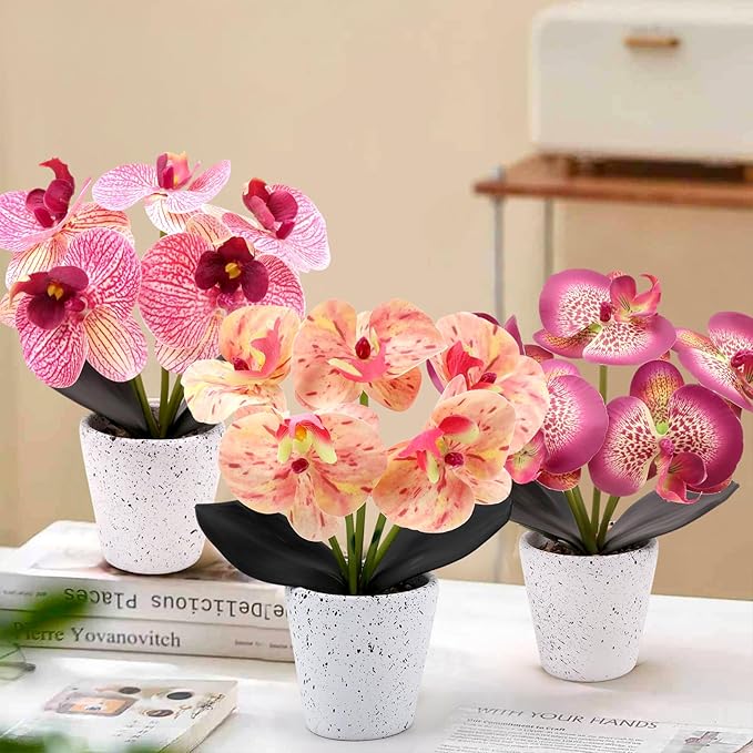Artificial Orchid Flower Potted Plants Real Touch Small Fake Phalaenopsis Moth Decoration for Home Office Table Centerpiece Desk Shelf
