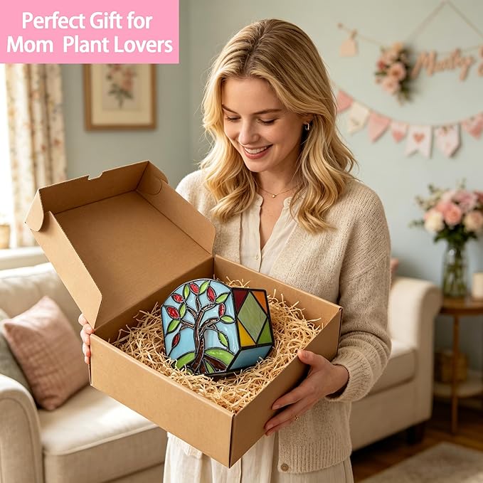 Handmade Stained Glass Tree of Life Planter, Decorative Succulent Pot for Indoor Plants, Boho Home Decor for Windowsill and Living Room