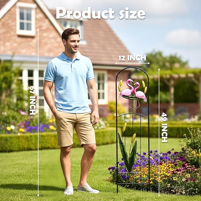 Flamingo Metal Garden Trellis with Solar Lights for Climbing Plant | 1-Pack Weatherproof Iron Plant Trellis, Heavy Duty Potted Cucumber Clematis Support Frame Stake for Outdoor Patio Yard Decor