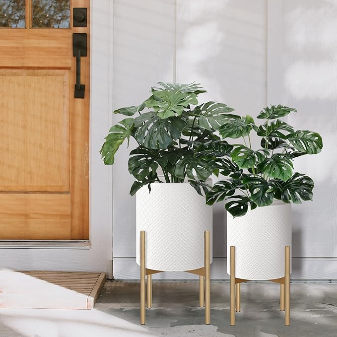 Oakrain Mid Century Planters for Indoor Plants, Metal Plant Set of 2, Modern Decorative Plant Pots for Living Room, Garden, Balcony, Cream White Planters with Glod Plant Stands, 10" & 12"