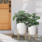 Oakrain Mid Century Planters for Indoor Plants, Metal Plant Set of 2, Modern Decorative Plant Pots for Living Room, Garden, Balcony, Cream White Planters with Glod Plant Stands, 10" & 12"