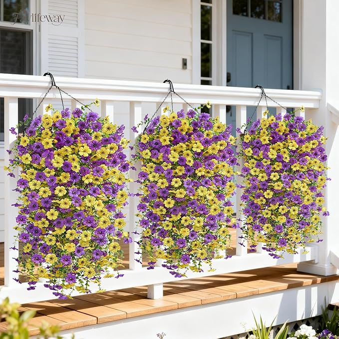 Artificial Hanging Flowers for Outdoors Spring Summer Decoration, 4PCS UV Resistant Silk Fake Hanging Plants for Patio Porch Front Yard Window Garden Indoor Decor(Purple&Yellow,4PCS)
