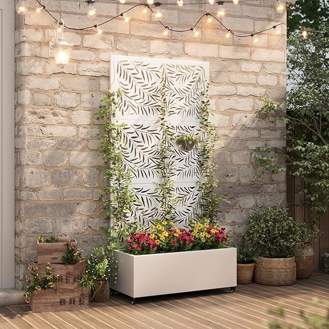 Metal Planter Box with Trellis,72"x35"x15",Galvanized Raised Garden Bed Trellis Outdoor Planter with Privacy Screen & Wheels and Drainage Holes,for Patio Climbing Vegetables,Flowers,Vines,White