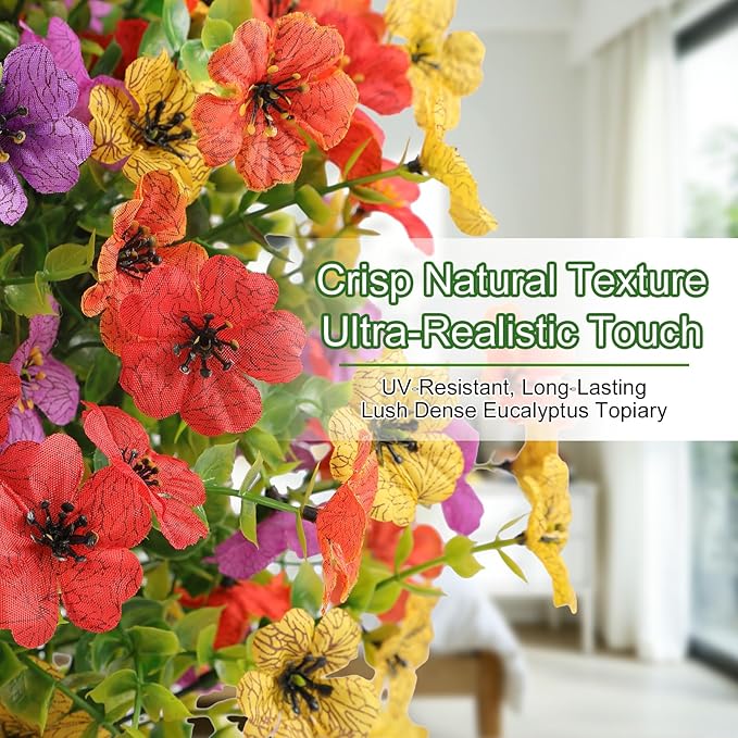 Alupssuc 2Pcs 20" Artificial Topiary Ball Flowers, Spring Outdoor Decoration with Spike, UV Resistant Faux Summer Plants, Faux Bushes Plants, Red Purple Yellow Orange for Garden, Porch Decor