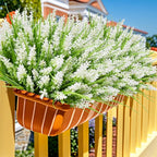Kinisty 12 Bundles Outdoor Artificial Plants and Flowers, UV Resistant Faux Monkey Grass with Lavender and Fake Plastic Greenery for Spring Summer Outside Planter Porch Garden Decor, White