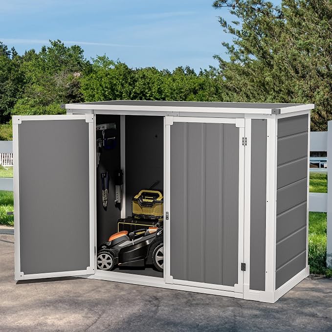 DWVO 41 Cu.ft Horizontal Resin Storage Shed, All Weather Outdoor Garden Shed 4.7x2.5 FT with Hydraulic Struts, 3 Locks, Lockable to Floor for Garden Tools, Trash Cans, Gray