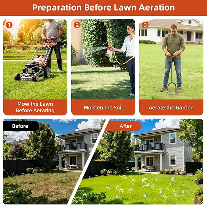 GAINO Manual Lawn Aerator Tool with 15 Spikes, 32"-35" Adjustable T-Handle Aerator for Lawn, Automatic Dirt Ejection Design, Heavy Duty Yard Grass Aerator for Soil Compaction，Black