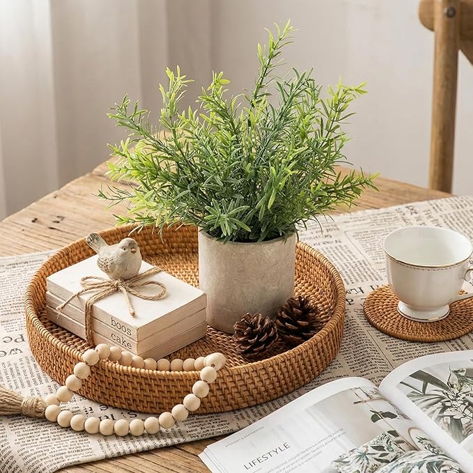 ALAGIRLS 2 Pack Small Fake Plants, 10" Artificial Rosemary Plants Indoor, Small Faux Plants in Pulp Pot for Bathroom Bedroom Kitchen Office Living Room Decor