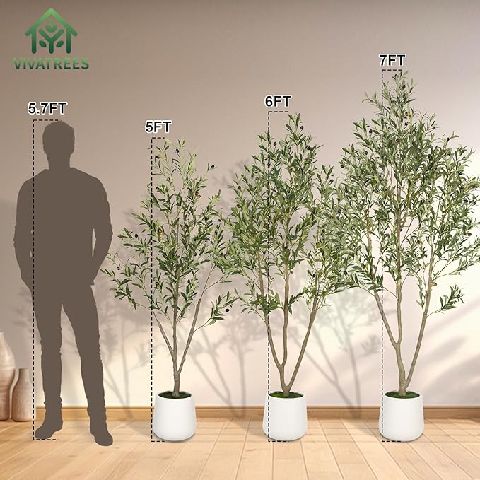 VIVATREES Olive Trees Artificial Indoor, 7FT Tall Faux Olive Tree with White Tall Planter, Artificial Plants with Natural Wood Trunk and Lifelike Fruits for Home Office Decor