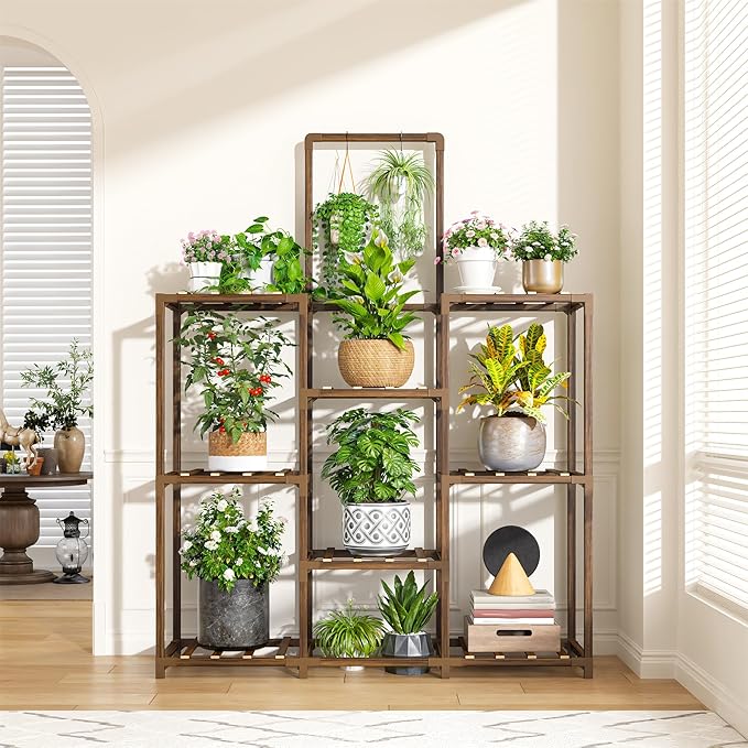 EnHomee Plant Stand Indoor Tall Plant Stand Outdoor Large Wood Plants Shelf with 10-12 Pots for Patio, Living Room, Garden, Balcony, 34.5" Wx47.3 Hx11.78 D