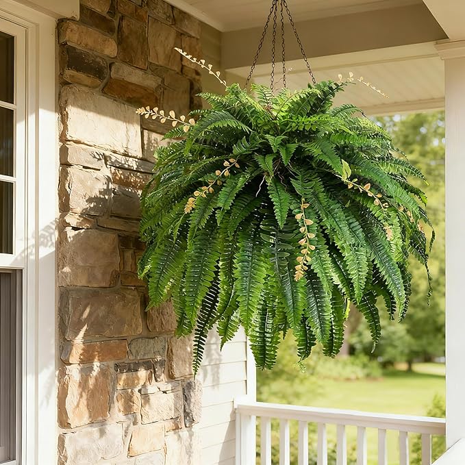 2pcs 48in 88 Blades Artificial Boston Ferns for Outdoors Large, UV Resistant Faux Outdoor Plants,Weatherproof Fake Ferns Plants Outdoor Indoor for Garden Porch Patio Home Decor