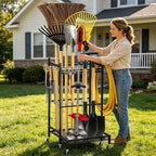 Garden Tool Organizer Rack with Wheels Up to 30-35 Tools, Heavy-Duty Steel Yard Tool Organizer for Garage Storage with 11 Hooks, Broom Holder & Garden Tool Rack for Shed, Patio, Lawn, Outdoor, Black