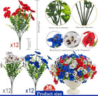 18 Pcs Artificial Fake Pansy Flowers for Outdoor, UV Resistant Faux Silk Pansies Patriotic Flowers for Outside for Planter Front Door Porch Patio Window 4th of July Home Decor (18, Red, White, Blue)