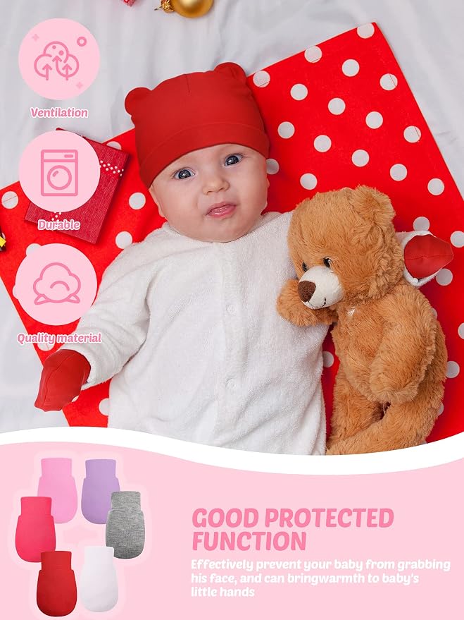 Geyoga 12 Pieces Newborn Hat Mittens Gloves Set Baby Boys Girls Cotton Baby Beanie for 0-12 Months
