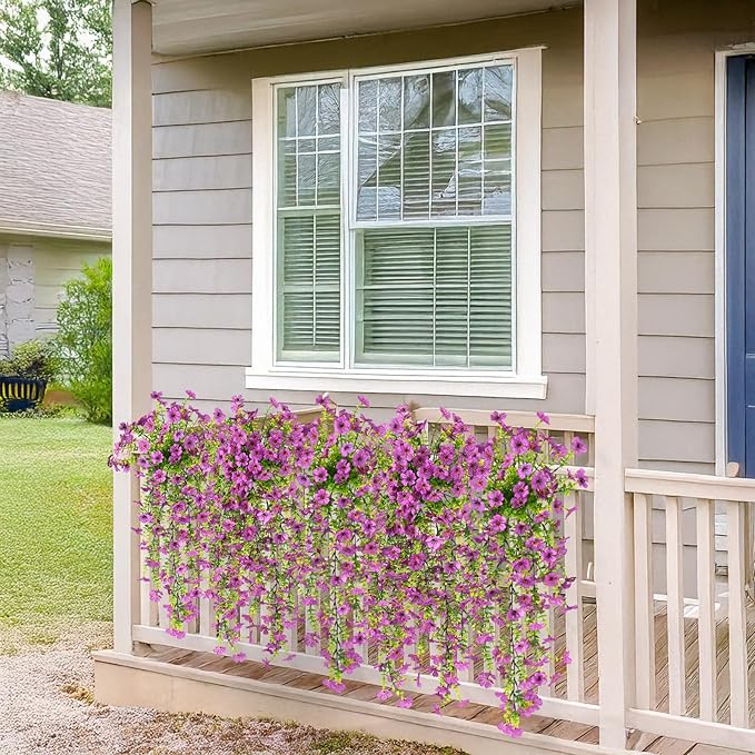 Artificial Hanging Flowers for Outdoors, 2 Pcs Fake Hanging Plants Spring Summer Decor, UV Resistant No Fade Faux Silk Daisy Flower for Planter Front Door Porch Patio Yard Garden(Purple)