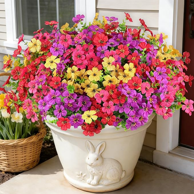 16 Bundles Artificial Flowers for Outdoors, Realistic Fake Silk Flowers for Outside, UV Resistant Faux Plants for Outdoor Planters - Spring Summer Porch Decor (4 Colors)