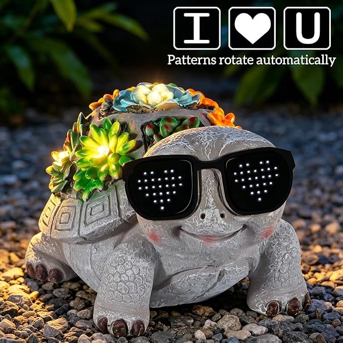 Unique Solar Garden Turtle Statue with I Love You LED Sunglasses and Succulent LED Lights, Lawn Decor Tortoise Figurine for Patio, Balcony Yard Ornament for Mom, Women & Grandma