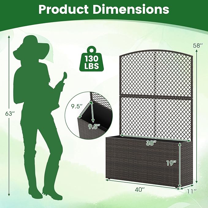 Happygrill Raised Garden Bed with Trellis, 58" Wicker Planter Box with Privacy Screen, Liner, Drainage for Patio Balcony, Outdoor PE Rattan Elevated Garden Bed for Climbing Plant Vine Flower (Brown,2)