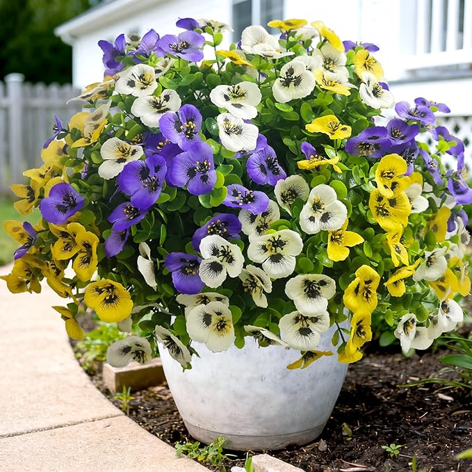Artificial Flowers for Outdoors Fake Plants Spring Decor, 14 pcs Realistic Fake Pansies Silk Flowers UV Resistant, Lifelike Faux Outdoor Flowers for Porch Garden Patio Window Box Decor
