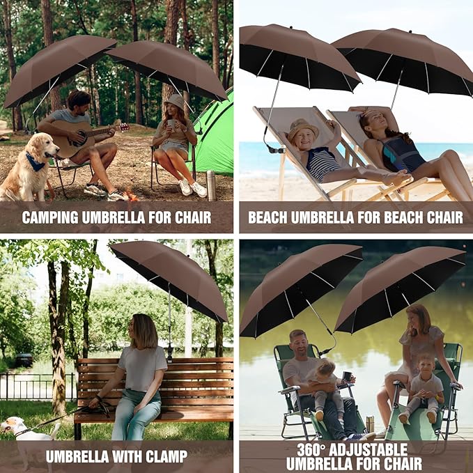 2 PACK Beach Umbrella with Clamp, 360 ° Adjustable Umbrellas for Chair, UPF50+ Umbrella for Beach Chair, Patio Chair, Wheelchair, Camping Chair, Golf Carts (Chair Not Included)