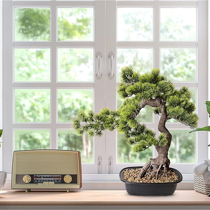 Artificial Bonsai Tree 20 Inch Tall - Realistic Faux Juniper and Pine Potted Plant, Indoor Greenery Decor for Home, Office Desk, Tabletop, and Room Decoration