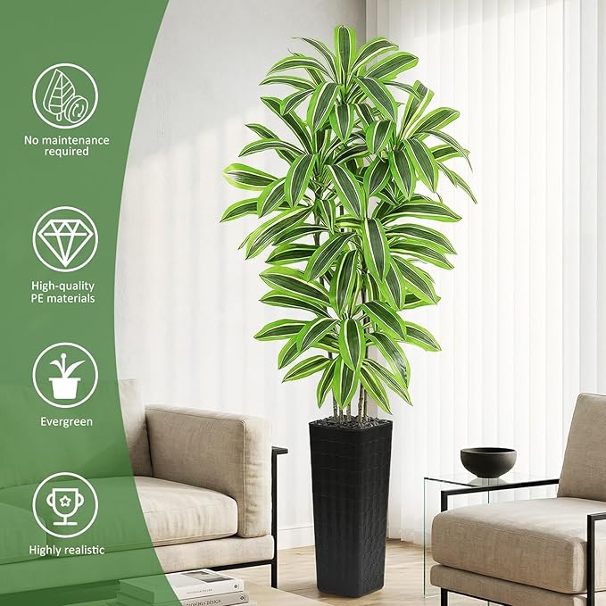 Artificial Yellow Dracaena Tree - 7FT Tall Fake Plants with Black Planter - Artificial Plants Indoor Floor Plant in Pot - Large Tropical Fake Yucca Potted Tree for Home Office Living Room Decor