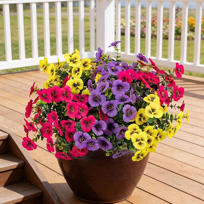 17 Inch Artificial Faux Pansy Flowers for Outdoor,Fake Pansies Flowers with Eucalyptus Leaves Fake Plants Greenery Boxwood Porch Patio Decor 6 Bundles(Light Purple,Dark Rose,Yellow)