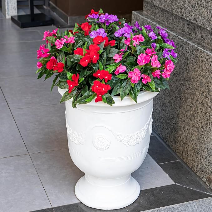 Nigirior Artificial Fake Flowers for Outdoor Décor 6 Bundles UV Resistant Fake Plants for Planter Faux Impatiens for Home Porch/Garden Stunning（Red/Rose Red/Purple）