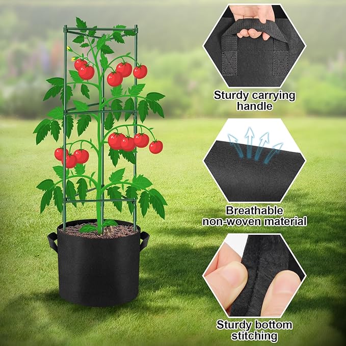 NNG 4 Packs 48 inches Tomato Cages with 10 Gallon Grow Bags,Garden Plant Support Cages,Plant Tower Stakes Garden Trellis for Climbing Plants,Tomato Plant Trellis for Vegetable Fruits Vines (4, Green)