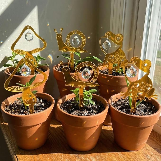 Novabright 6pcs Plant Trellis Indoor with Crystal Sun Catcher Potted Plants Decorations Sun Catcher Cute Mushroom Snail Frog Acrylic Stake for Indoor Home Garden Hanging Art Crafts Decoration