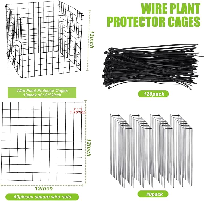 Zubebe 10 Pack Small Wire Plant Protectors Square Plant Protectors from Animals Mesh Cage Chicken Wire Cloche for Shrubs with Ground Stakes and Nylon Ties(Thickness 2mm,Black)