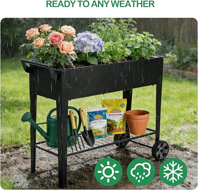 2-Pack 32”Height Elevated Raised Garden Bed with Wheels & Storage Shelf, 400 Lbs Capacity, Anti-Rust, Space-Saving Planter for Vegetables, Herbs, Patio, Balcony, Backyard