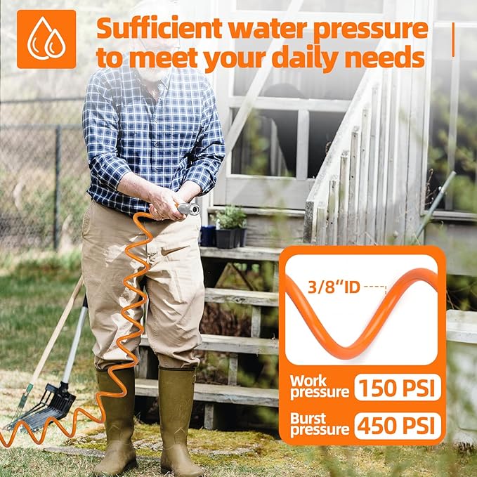 SPECILITE 3/8” Lightweight Coil Garden Hose 75 FT, EVA Retractable Curly Water Pipe with 6-Pattern Spray Nozzle for Boat, Greenhouse, Yard, Patio (Orange)