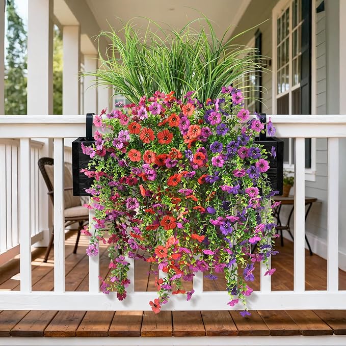 Artificial Hanging Flowers with Wheat Grass for Outdoors, 5 Pcs Fake Hanging Plants for Spring Decor, UV Resistant Faux Silk Flower Greenry for Planter Porch Patio Yard Garden(Mixd Purple Red)