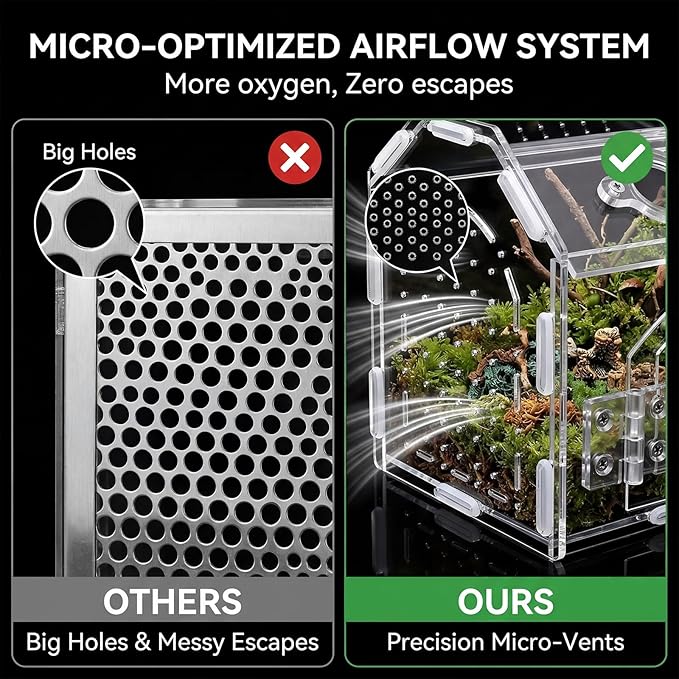 Tlence Jumping Spider Enclosure with Handle, Acrylic Reptile Habitat with One-Click Magnetic Closure, Front Opening Small Terrarium with Ventilation Holes for Tarantulas, Frogs, Gecko, Mantis